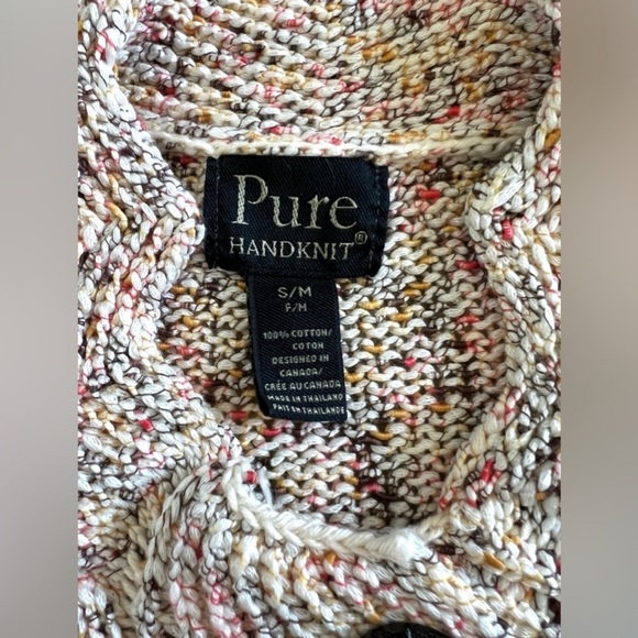 Pure Handknit Anthropologie Chunky Cotton Cardigan Beige multi Crop Sweater S M - Picture 2 of 9